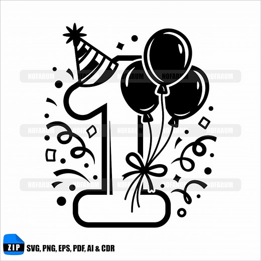 First Birthday SVG: Party Hat & Balloons Clipart (digital Download) - Etsy