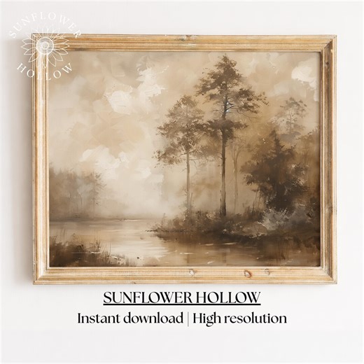 Moody Riverside Tree Landscape - Sepia Tone Pastoral Wall Art, Vintage Style, Atmospheric Neutral Decor, Printable Painting, Digital 433 - Etsy