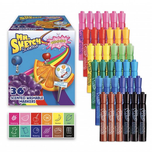 Mr. Sketch Scented Washable Markers, Chisel Tip, Assorted Colors, 36 Count