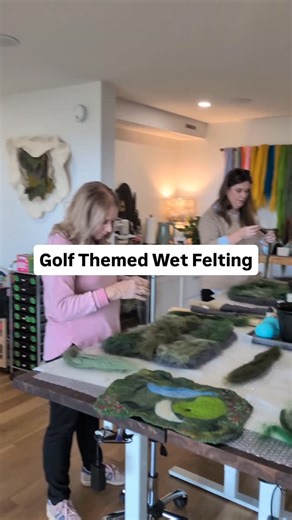Golf themed wet felted wool centerpiece workshop today! These three ladies had never felted before, but they nailed it! ❤️ | Red Fox Felting
