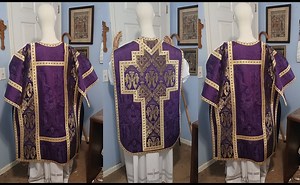 Solemn Mass Vestment set we recently completed for a Parish. This set was created from beautiful liturgical damask in a French style; including all pieces minus a cope (by request). | Sacred Heart Vestments