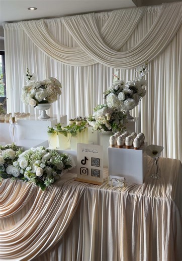 Timeless white, regal & elegant dessert spread paired with our draped backdrop 🕊️🤍 #desserttable #whitetheme #aqiqah #backdrop #fyp