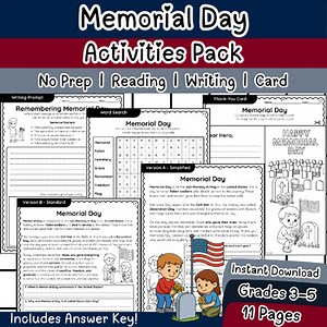 Memorial Day Worksheets & Activities | Reading, Writing, Card | Grades 3–5