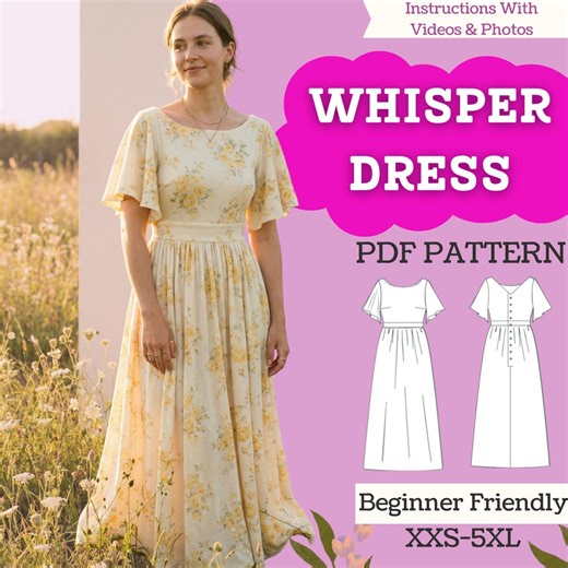 Tea-length Dress Sewing Pattern – Gathered Skirt, Elbow Flare Sleeves, Button-back (PDF Download) - Etsy