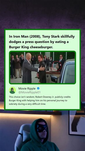 Movie Ripple on Instagram: "Iron Man 2008 Tony Eats Burger King Cheeseburger as a Nod to Robert Downey Jrs Sobriety The fact that Tony Stark eating a Burger King cheeseburger in Iron Man (2008) was a direct reference to the actor's real-life journey toward sobriety."