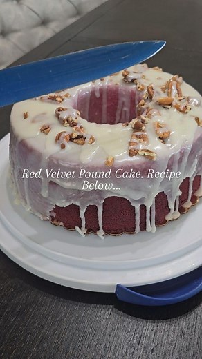 **Red Velvet Pound Cake:** **Ingredients:** - 3 sticks of butter (room temperature) - 2 tablespoons of canola oil - 3 cups of sugar - 2 teaspoons of vanilla extract - 6 large eggs - 1 and 1/4 cups of buttermilk - 4 tablespoons of red food coloring - 3 cups and 1/4 cup of cake flour - 2 teaspoons of Hershey's cocoa powder - 2 tablespoons of sour cream - 1/2 teaspoon of salt - 1/2 teaspoon of baking soda **Instructions:** 1. Preheat the oven to 330°F (165°C). Grease and flour a pound cake pan or u