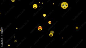 A collection of various emojis displaying different emotions, floating and moving in a dynamic animation on black background. Expression and communication concept. 4K Motion Graphics