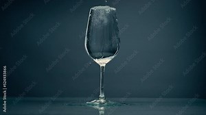 Pure water overflowing glass closeup. Cool refreshing liquid spilling wine cup