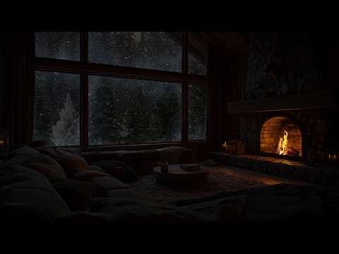 Cozy Winter Cabin Blizzard Night with Crackling Fireplace for Deep Sleep and Relaxation