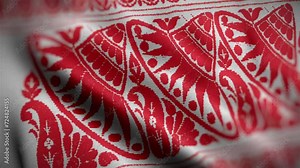 Assamese Gamosa or Gamusa embroidery motifs fabric wave loop. Red Indian pattern.