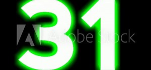 Neon number 31 thirty one sign symbol modern animation motion graphics flicking on black background,green color glowing and shining for video elements