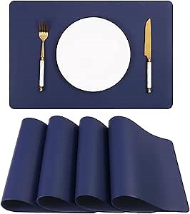Faux Leather Placemats HeloHo Navy Blue Table Place Mats Set of 4 Waterproof Oilproof Heat Stain Resistant Washable Wipeable Placemat for Kitchen Dining Table Decoration Indoor Outdoor