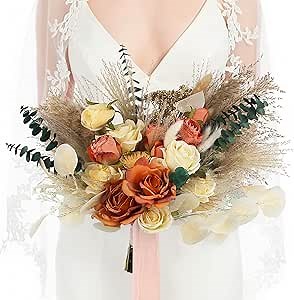 Rinlong 15.7" Wide Fall Wedding Bouquets for Bride Burnt Orange Dried Flowers Pampas Bridal Bouquet for Wedding Boho Terracotta Bouquets