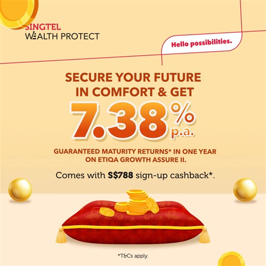 Get MORE with Singtel Protect x Etiqa. Discover diverse solutions and choose an Etiqa plan that best suits your needs. With an eligible plan, you can be rewarded with 7.38% p.a. guaranteed maturity returns in 1 year on Etiqa Growth Assure II—an endowment plan designed to help you achieve your short-term goals. Speak to us today! *T&Cs apply. Bundle with an eligible regular premium plan to enjoy 7.38% p.a. guaranteed maturity returns and any applicable cashback on Etiqa Growth Assure II, a one-ye