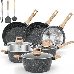 SODAY 13 Pcs Pots and Pans Set Non Stick Kitchen Cookware Sets Nonstick Induction Cookware Non-toxic Black Granite Cooking Tools with Stay-Cool Handles, Silicone Tools (PFOS/PFOA Free)
