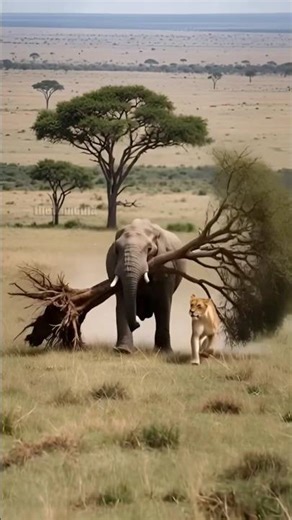 Elephant vs Lion!🐘🦁| Giant Elephant Uproots Tree to Chase the Lion #aiwildlife #nature #aishorts
