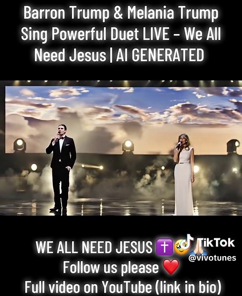 🔥 Barron Trump & Melania Trump Sing Powerful Duet LIVE – “We All Need Jesus” | AI Cover ⚠️ AI GENERATED – Fan-made artistic project created to inspire faith and hope. Not real — but the message of God’s love is eternal. 🙏 📺 Watch the full performance on YouTube (link in bio) #SPALEXMA Even if it’s AI — the faith is real ❤️ We all need Jesus… every day, every heart. 👇 Watch the full video on YouTube (link in bio) #BarronTrump #MelaniaTrump #WeAllNeedJesus #AICover #FaithInGod #ChristianMusic 
