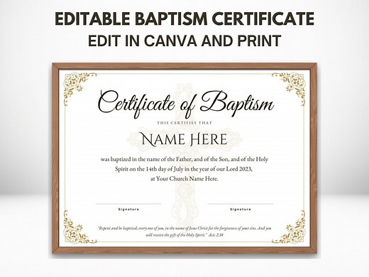 Editable Baptism Certificate Template | Printable Baptism Certificate | Dedication Certificate | Canva Template | US Letter & A4 Sizes - Etsy