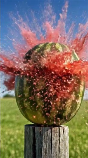 A watermelon gets hit by a bullet in slow motion