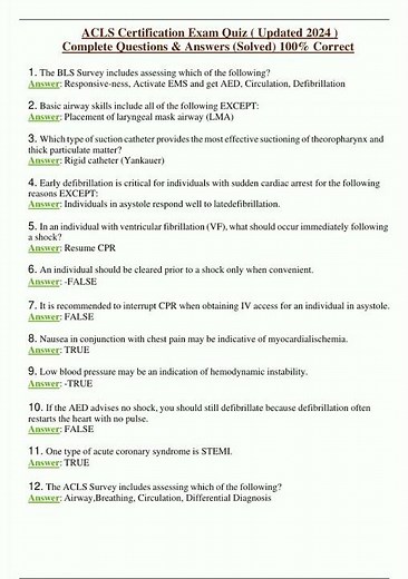 ACLS Certification Exam Quiz Updated 2024 Complete Questions Answers Solved 100 Correct