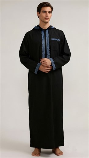 Men's Zipper Hooded Robe, Traditional Arabic Robe, Ethnic Style with Deep Blue Embroidery, Ramadan Festival Traditional Holiday Clothing, All Seasons Wear #hoodedjumpsuit #festivesleepwear #mensclothingsets #menshoodie #classyhijabioutfits #zarawintersale #chowdhurydress #shirinmodestwear #fashionabaya #animeclothing
