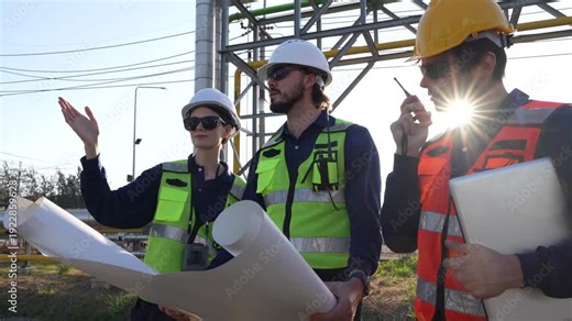 Specialized petroleum engineers evaluating hydrocarbon pipeline infrastructure. Industrial experts conducting facility diagnostics at petrochemical installation.