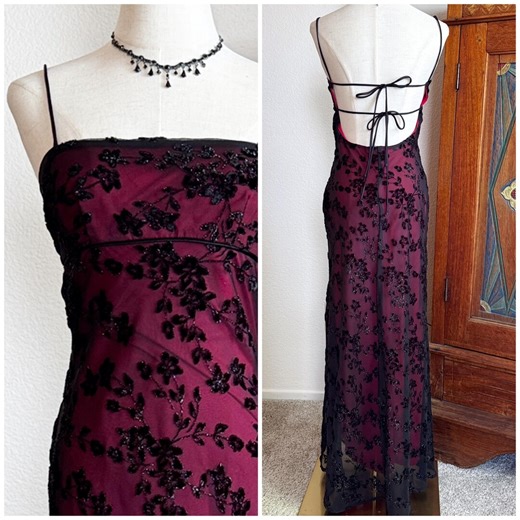 Y2K floral velvet burnout backless prom dress black red S Steppin Out