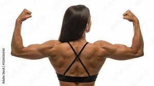 Muscular Woman Flexing Biceps and Back Muscles in Fitness Video on White Background