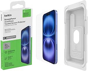 Belkin ScreenForce InvisiGlass Treated Screen Protector for iPhone 16 Plus, iPhone 15 Plus, & 14 Pro Max - Scratch-Resistant Impact Protection w/Included Easy Align Tray for Bubble-Free Application