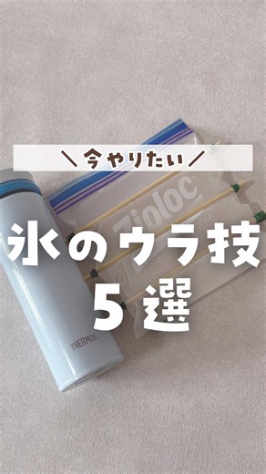 今すぐ使える 氷の裏ワザ5選 今回は『\\今やりたい/氷のウラ技5選』です！ 暑い日に必須の氷❄️ 知っておくと便利な氷のウラ技を紹介するね！ ①氷がなくて困った時は トレーの上にアルミカップを並べて水を半分くらい入れて冷凍庫で30分ほどで氷ができるよ ②水筒の氷はジップロックに水を入れて空気を抜いて閉める。好きな幅に割り箸を挟んで輪ゴムで止めて冷凍庫に入れれば、棒状の氷が完成 ③麦茶を持っていきたい人は、麦茶で作れば薄まらない麦茶になる◎ ④カフェオレ飲みたいけど、時間が経つと氷が溶けて味が薄まる😢ってときには ジップロックにコーヒーを入れて、冷凍庫へ。手で割いてコップに入れてから牛乳を注げば、時間が経っても美味しいまま☕️ ⑤臭いが気になる排水口には、軽く洗ってから氷を入れると ニオイ菌の発生が防げるよ！ #暮らしの知恵 #ライフハック #氷 #夏