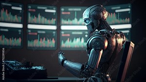 Automated Trading:AI-Powered Bot on Chart Monitors. An AI trading bot relies on predictive algorithms and machine learning, strategically executing trades on stock exchange with precision.AI-generated