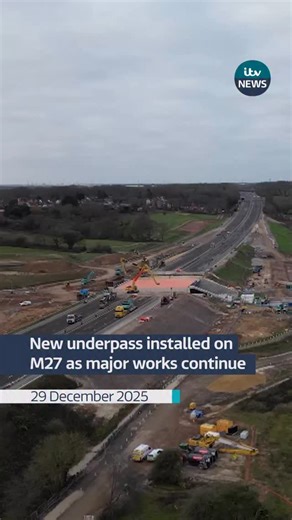 Works on the M27 near Fareham are moving at speed. Hampshire County Council closed the motorway on Christmas Eve to install a new underpass at Junction 10. Drone pictures captured by ITV Meridian show the new concrete box in place, and works to rebuild the embankment underway. | ITV News Meridian