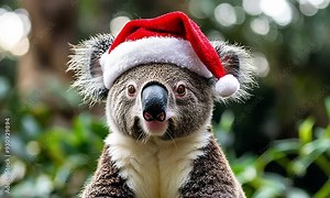 Koala Wearing Santa Hat in Festive Setting with ai generated.