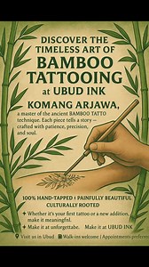 Ink with Meaning. Tradition with Soul. Only at UBUD INK Get inked by Komang Arjawa, a true Balinese artist keeping the spirit of bamboo tattooing alive. 🌿 Made by hand. Inspired by nature. Rooted in culture. Each tap carries history, each design holds your story. 🌀 Authentic | Gentle | Timeless 🌀 👉 Book your session now 📍 Find us in the heart of Ubud 📲 wwww.ubudink.com IG : @ubud_ink_bali WhatsApp 6281311127202 | #KomangArjawa | #BambooTattooUbud #UBUDINK #BaliBamboo #BalineseBambooBali #U