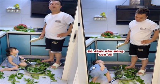 Con gái đưa mông cho bố đánh đòn khi làm đổ rau