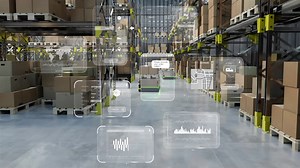Premium stock video - Animation of data processing and diagrams over warehouse