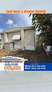 🚨 GREAT INVESTMENT OPPORTUNITY! 🚨 💥 2/2 Mobile Home in an all-ages park 💥 📍 Located in a quiet, family-friendly area! 💲 ONLY $40,000 - AS IS ⏳ First to offer, first to take it! ✅ 2 Bedrooms / 2 Bathrooms ✅ Covered patio and enclosed sitting area ✅ Private parking ✅ Active and well-maintained community Perfect for living or investing 🔑 You won't find anything like this at this price! 📲 For English, call (561) 283-3501 📲 Para español, llame al (954) 249-9184 | Mobile Home Way