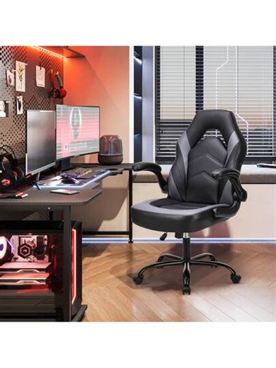 Sweetcrispy Computer Gaming Desk Chair - Home Office Ergonomic PU Leather Lumbar Support, Height Adjustable High Back Video Game With Flip-Up Armrest, Rolling Swivel For Adults | SHEIN
