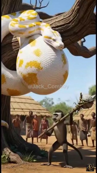 Python swallows cute buffalo, heroic monkey rushes to rescue part 3 #animal #snake #monkey #buffalo