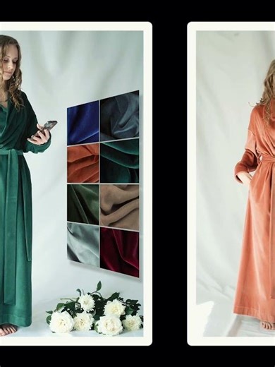 COTTON 100% Floor Length Dressing Gown / Green Long Velvet Robe / Handmade maxi Bathrobe
