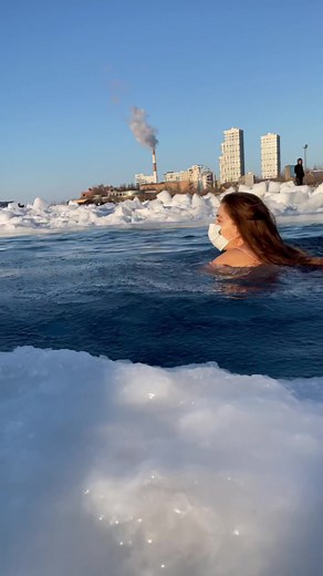 Icy Water Swim in Pink Swimsuit: Outdoor Challenge