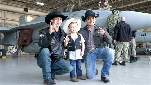 In my career with PBR, the Ragin’ Bulls US Navy squadron putting the names and images of our bulls on the tails of their F/18 Super Hornet fighter jets is THE coolest thing that’s happened to our sport. What an honor to present the squadron with our Be Cowboy recognition last weekend at the GovX Velocity tour event in Hampton. Here’s the full story. | Sean Gleason
