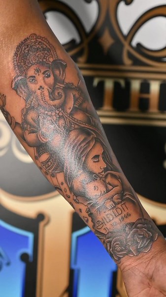 Amma X Ganesh Tattoo Sleeve 🏵️ This tattoo symbolises a combination of love and reverence for one’s mother (Mum) and a connection to the Hindu deity Ganesh. Ganesh is known as the remover of obstacles and is associated with wisdom and prosperity. This tattoo could express a deep respect for both maternal figures and spiritual beliefs, blending personal and cultural elements in its meaning. #tattoo #london #tattooartist #hayes #detail #smallbusiness #tattoostudio #bookings #bodyart #fyp #simplet