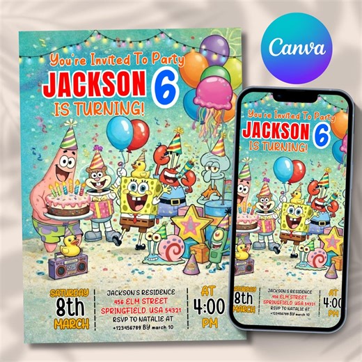 Spongebob Birthday Invitation Template Editable in Canva | Fun Kids Party Invite | Printable or Digital | Instant Download - Etsy