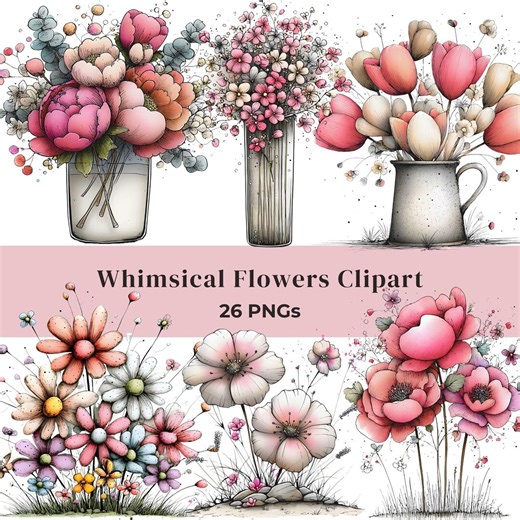 Whimsical Flowers Spring Clipart – Floral Graphics, Watercolor Flowers PNG, Digital Download - 26 Pngs - Etsy