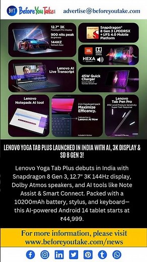 Lenovo Yoga Tab Plus Launched in India AI-Powered Android Tablet with 3K Display, Snapdragon 8 Gen 3