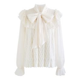 Fuzzy Lace Chiffon Spliced Bowknot Top