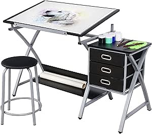 Yaheetech Drawing Table, Art Craft Desk w/Tilted Tabletop, Adjustable Drafting Workstation, Artists Painters Desk w/Stool and 3 Storage Drawers for Home Office School Use