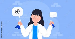 Scientist is working in lab. Cartoon chemist is holding tube. Microbiologist creating vaccine in a laboratory. Science and research experiment are shown. Animation of the scientist, tube, viruses.