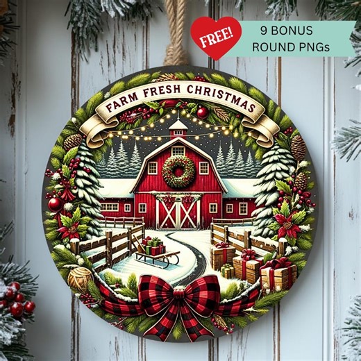 Christmas Red Barn Round Sublimation – Rustic Holiday Door Hanger PNG - Digital Download - Etsy